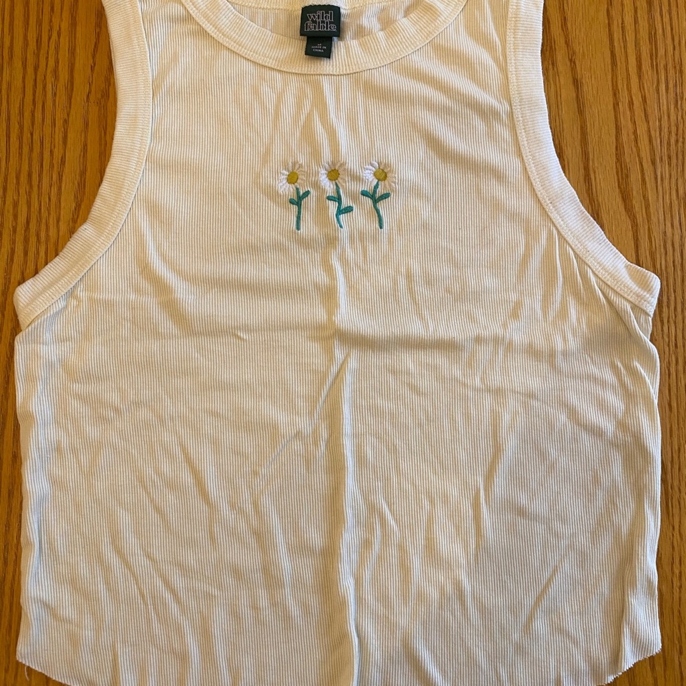 Wild Fable Light Yellow Tank Top with Floral Embroidery